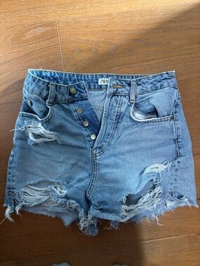ZARA Light Blue Ripped High-Waist Denim Shorts